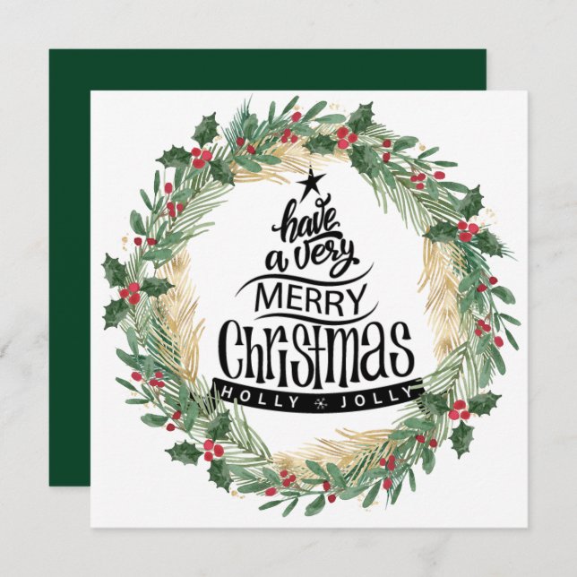 Rustic Green Fun Script Watercolor Greenery Simple Holiday Card (Front/Back)