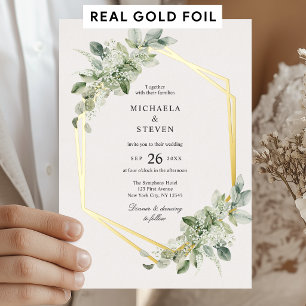 Rustic Green Geometric Greenery Wedding Real Gold Foil Invitation