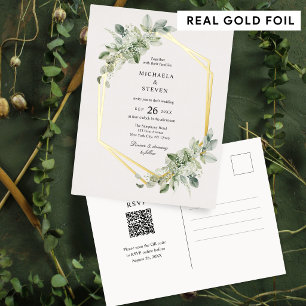 Rustic Green Geometric Greenery Wedding Real Gold Foil Invitation Postcard