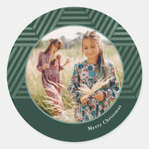Rustic Green Geometric Photo Christmas Holiday Classic Round Sticker