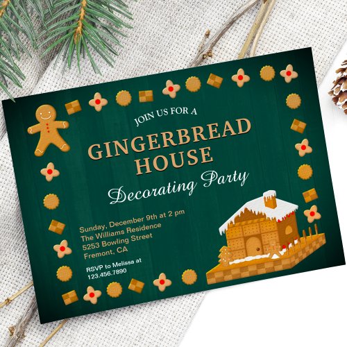 Rustic Green Gingerbread House Decorating Party Invitation