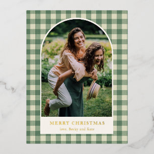 Rustic Green Gingham Arch Photo Modern Christmas Foil Holiday Postcard