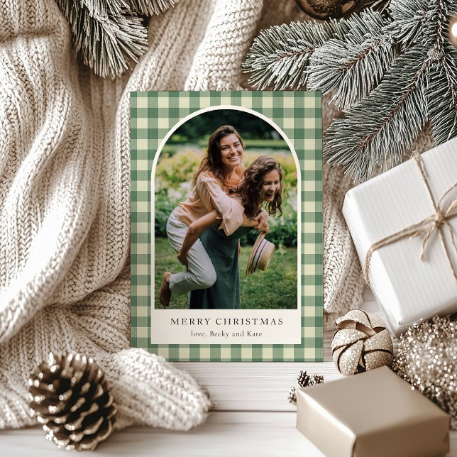 Rustic Green Gingham Arch Photo Modern Christmas Holiday Card (Creator Uploaded)