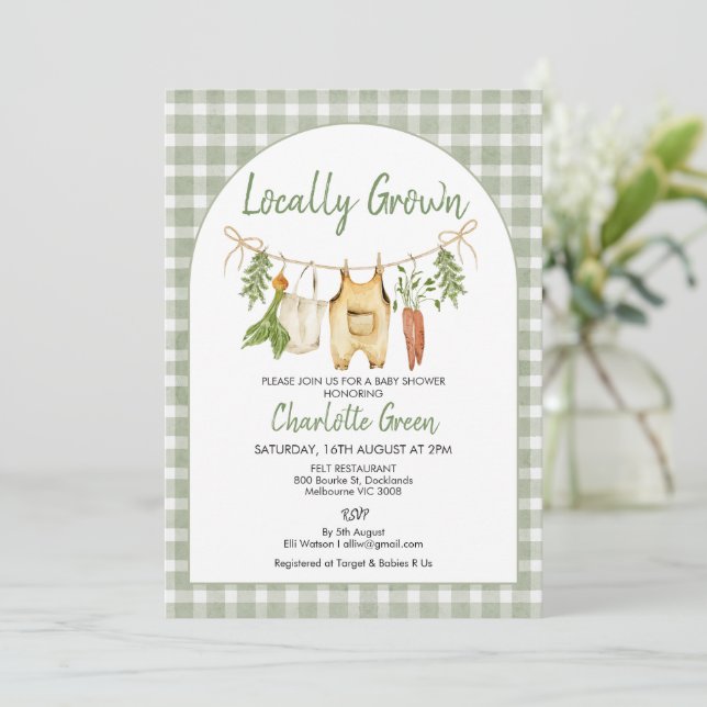 Rustic Green Gingham Locally Grown Baby Shower  Invitation (Standing Front)