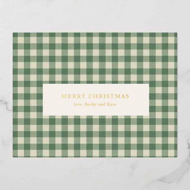 Rustic Green Gingham Modern Christmas Foil Holiday Postcard (Front)
