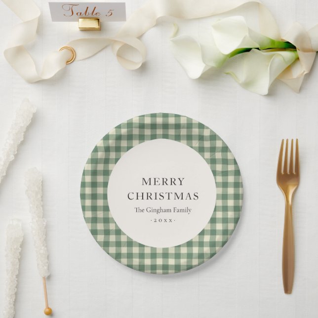 Rustic Green Gingham Modern Christmas Paper Plates (Wedding)