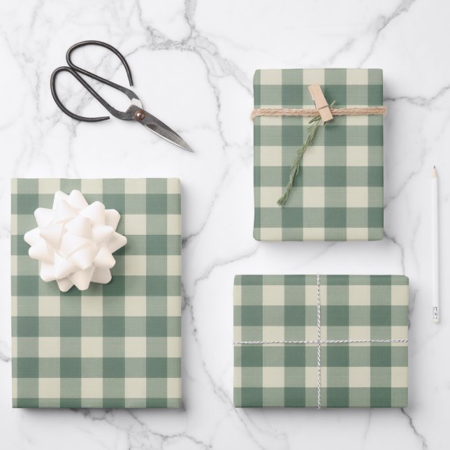 Rustic Green Gingham Modern Christmas Wrapping Paper Sheets (Front)