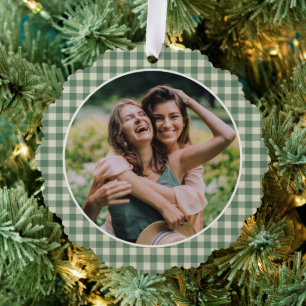 Rustic Green Gingham Photo Modern Christmas Ornament Card