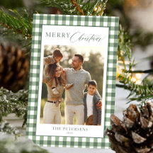 Rustic green gingham plaid family photo Christmas