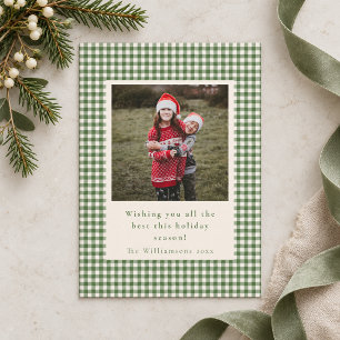 Rustic Green Gingham Plaid Two Photo Vertical Holiday Card