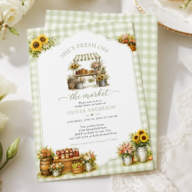 Rustic Green Gingham She's Fresh Off The Market Invitation (Rustic Green Gingham She's Fresh Off The Market Invitation)