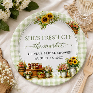 Rustic Green Gingham She's Fresh Off The Market Paper Plates