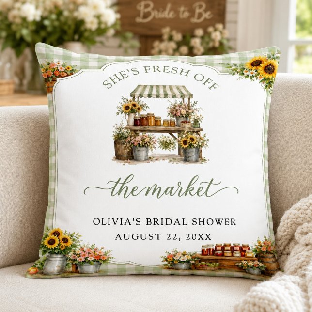 Rustic Green Gingham She's Fresh Off The Market Throw Pillow (Rustic Green Gingham She's Fresh Off The Market Throw Pillow)