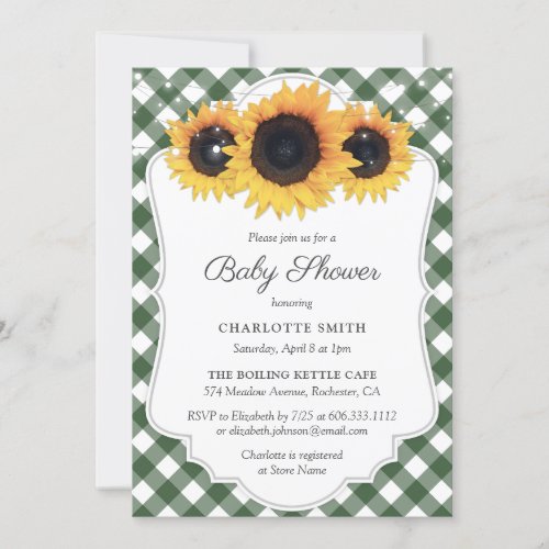 Rustic Green Gingham Sunflower Baby Shower Invitation