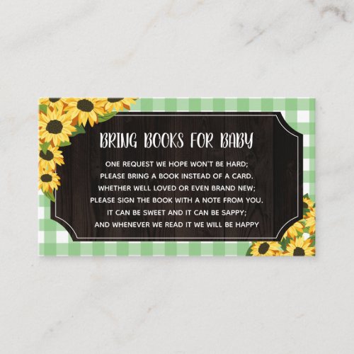 Rustic Green Gingham  Sunflowers Books For Baby Enclosure Card