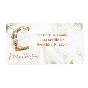 Rustic Green & Gold Christmas Monogram Watercolor Label