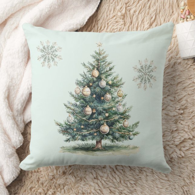 Rustic Green Gold Cream Christmas Tree Snowflakes Throw Pillow (Blanket)