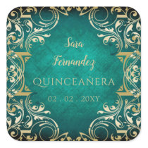 Rustic Green Gold Elegant Quinceanera  Square Sticker