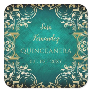 Rustic Green Gold Elegant Quinceanera  Square Sticker
