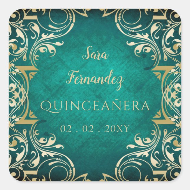 Rustic Green Gold Elegant Quinceanera  Square Sticker (Front)