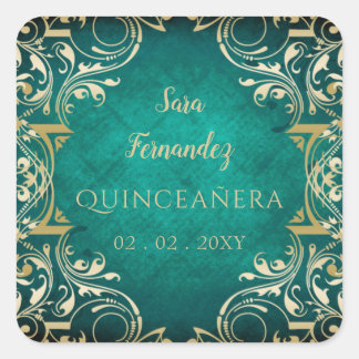 Rustic Green Gold Elegant Quinceanera Square Sticker