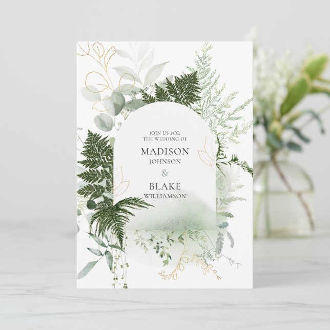 Rustic Green Gold Fern Wedding Invitation (Standing Front)