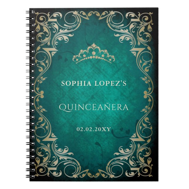 Rustic Green Gold Princess Tiara Quinceanera  Notebook (Front)