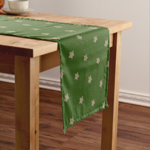 Rustic Green Gold Stars Pattern Festive Elegant Short Table Runner
