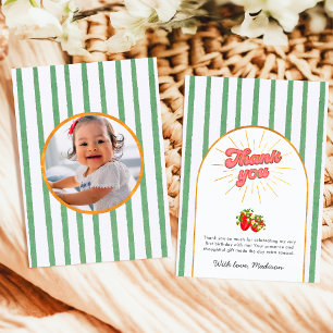 Rustic Green Gold White Birthday Photo Strawberry Thank You Card