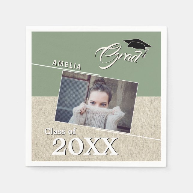 Rustic Green Graduate Photo Graduation Party Napkins (Front)