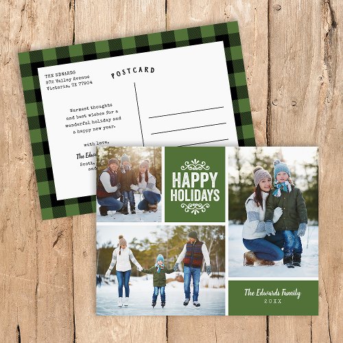 Rustic Green Happy Holidays 3 Photo Collage Holiday Postcard