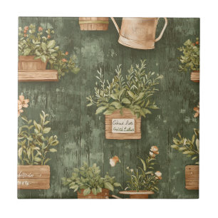 Rustic Green Herbs Vintage Cottage Ceramic Tile