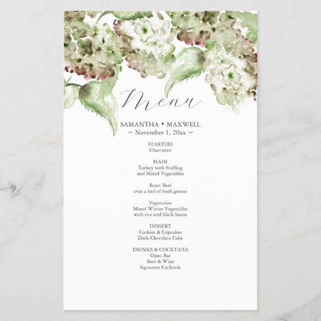 Rustic Green Hydrangea Wedding Decor Menus Flyer (Front)