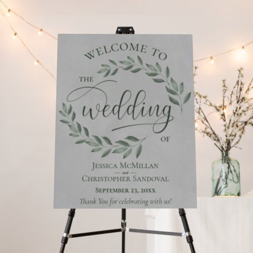 Rustic Green Laurel Leaves on Gray Wedding Welcome Foam Board