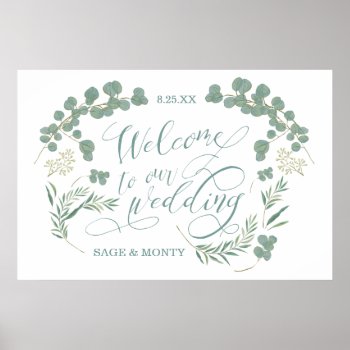 Rustic Green Laurel Leaves Welcome Wedding Poster by joyonpaper at Zazzle