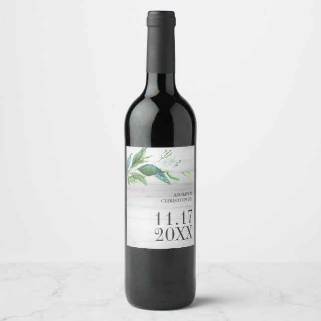 Rustic Green Leaf Wedding Wine Label Personalized (Front)