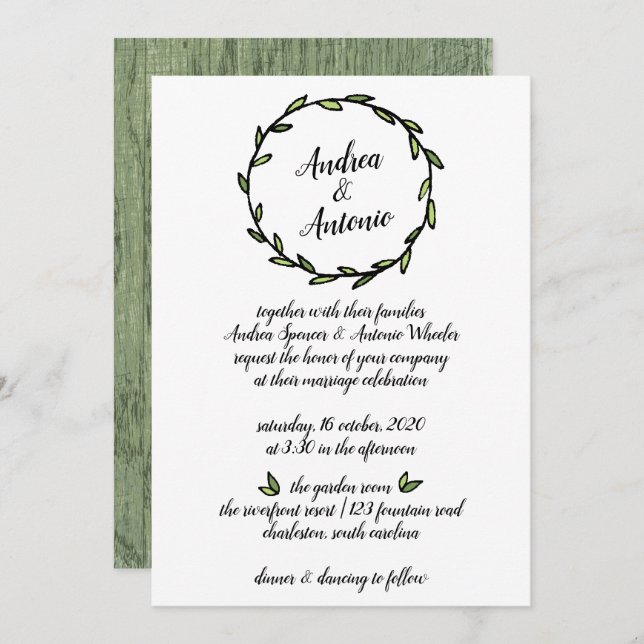 Rustic Green Leafy Wreath Wedding Invitation (Front/Back)