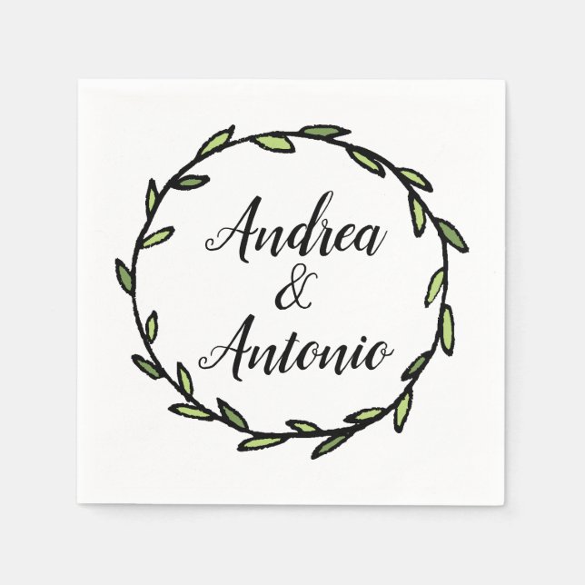 Rustic Green Leafy Wreath Wedding Napkins (Front)