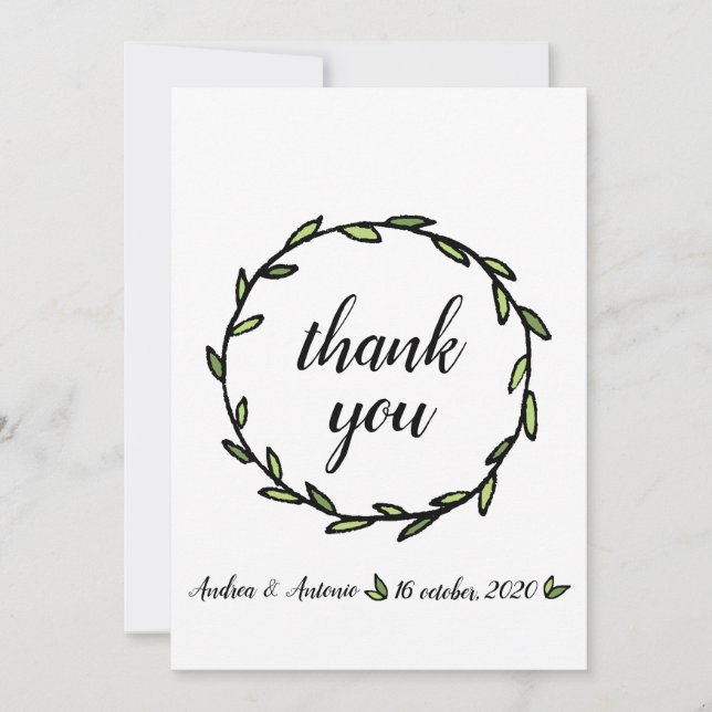 Rustic Green Leafy Wreath Wedding Thank You Card (Front)