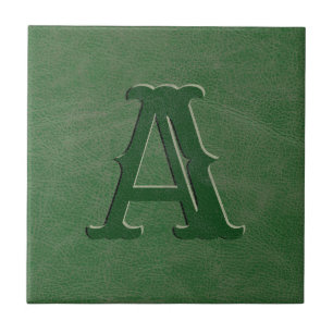Rustic Green Leather Texture Monogram Initial Ceramic Tile