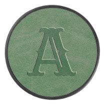 Rustic Green Leather Texture Monogram Initial Hockey Puck