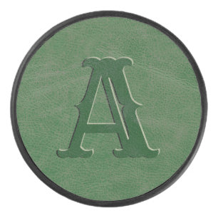 Rustic Green Leather Texture Monogram Initial Hockey Puck