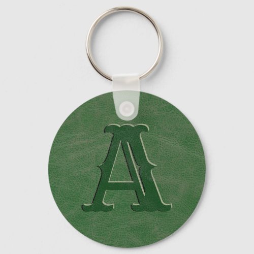 Rustic Green Leather Texture Monogram Initial Keychain