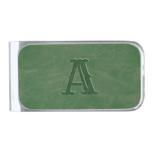 Rustic Green Leather Texture Monogram Initial Silver Finish Money Clip