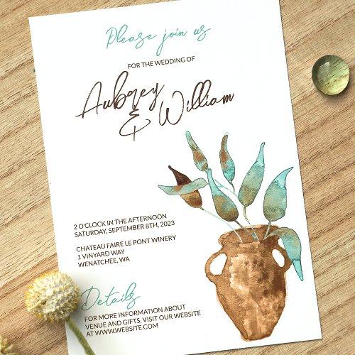 Rustic Green Leaves Clay Pot Wedding Invitations