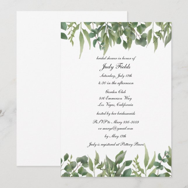 Rustic Green Leaves Greenery Foliage Bridal Shower Invitation (Front/Back)