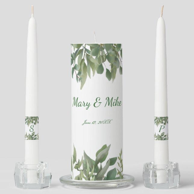 Rustic Green Leaves Greenery Foliage Wedding Unity Candle Set (Front)