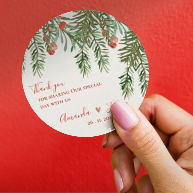 Rustic Green Leaves Red Berries Christmas Wedding  Classic Round Sticker (Rustic Green Leaves Red Berries Christmas Wedding Classic Round Sticker)