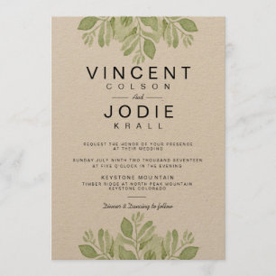 Rustic Green Leaves Watercolor Wedding Invite