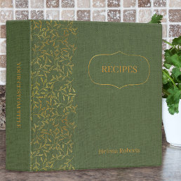 Rustic Green Linen and Elegant Gold Leaf Recipe 3 Ring Binder